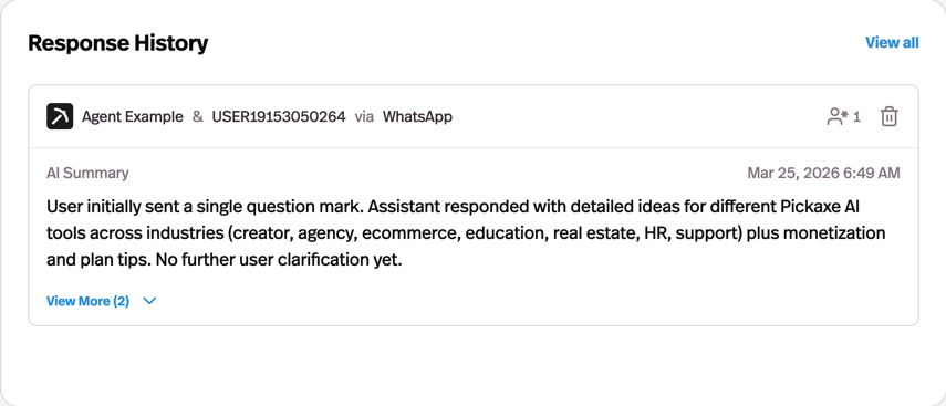 Pickaxe agent dashboard showing response history for monitoring onboarding conversations